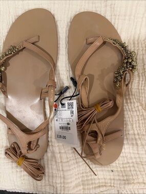 Zara Nude Tan Lace-Up Sandals with Gold Bead Embellishment
